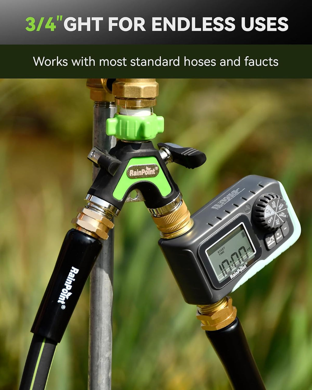 RAINPOINT Garden Hose Splitter 2 Way, All Metal Heavy Duty Water Hose Y Splitter With 2.05" Extra Long Side Handle &