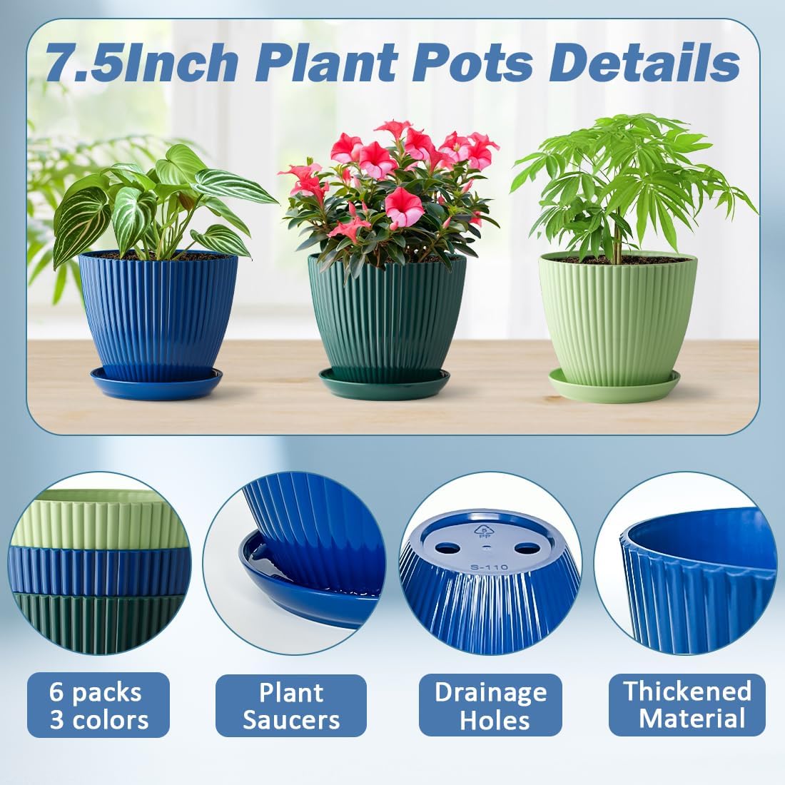 RooTrimmer 7.5 Inch Plastic Pots, 6 Pack with Drain Holes & Saucers | Drain holes and saucers block water spillage. For