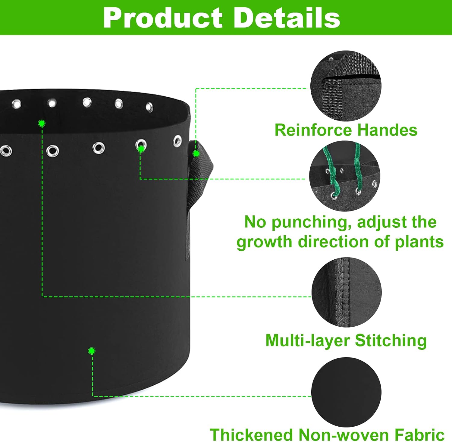 5 Gallon Plant Grow Bags with Holes 5-Packs. | Thichkened Non-Woven Aeration Fabric Pots with Handles - Reinforced