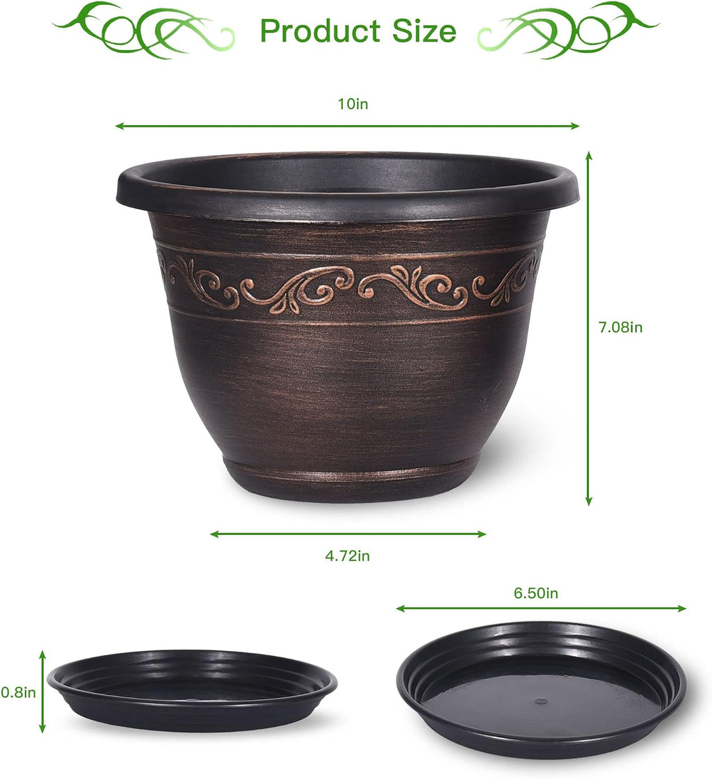 Plastic-Plant-Flower-Planters-10 Inch With Drainage Hole & Saucer, 3 Packs Lightweight Small Resin Flower Pot Indoor