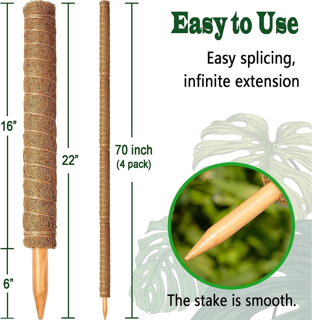 4 Pack 22 Inch Moss Poles, Stackable Moss Pole for Plants Monstera, 70 Inch Tall Moss Poles for Climbing Plants Indoor