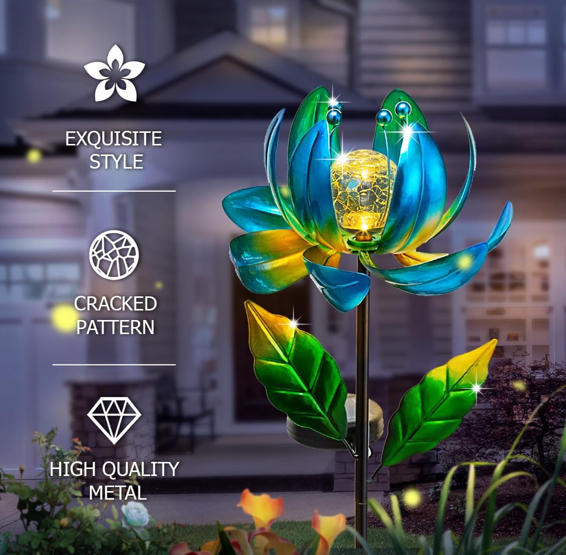Solar Yard Lights Wind Spinners- Metal Lotus Flower Garden Decor LED Crackle Glass Globe Yard Art Sculpture Solar Stake