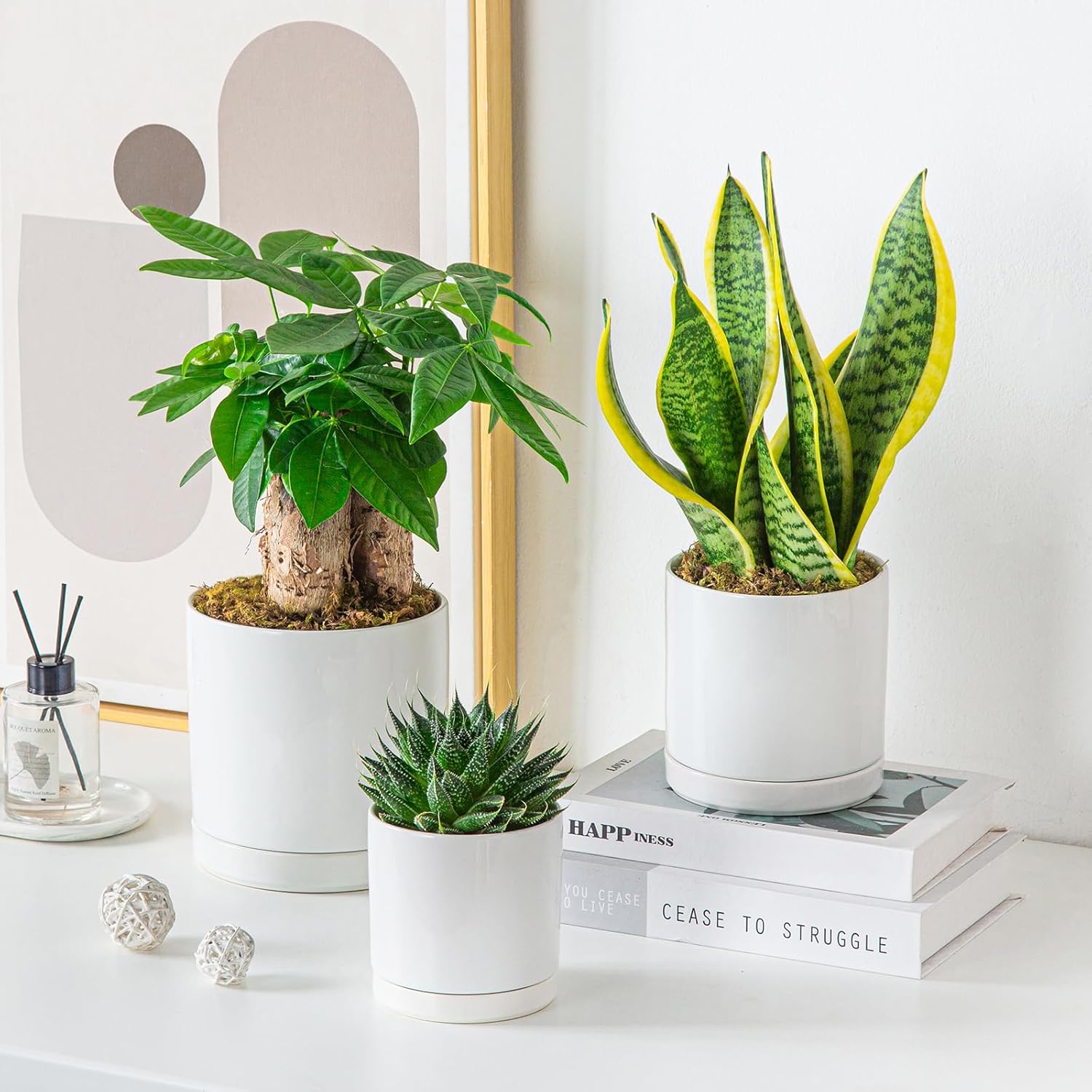 vancasso Ceramic Plant Pots, 3 Piece Planters for Indoor Plants, White | 4.25+5.25+6.25 Inch Flower Pots with Drainage
