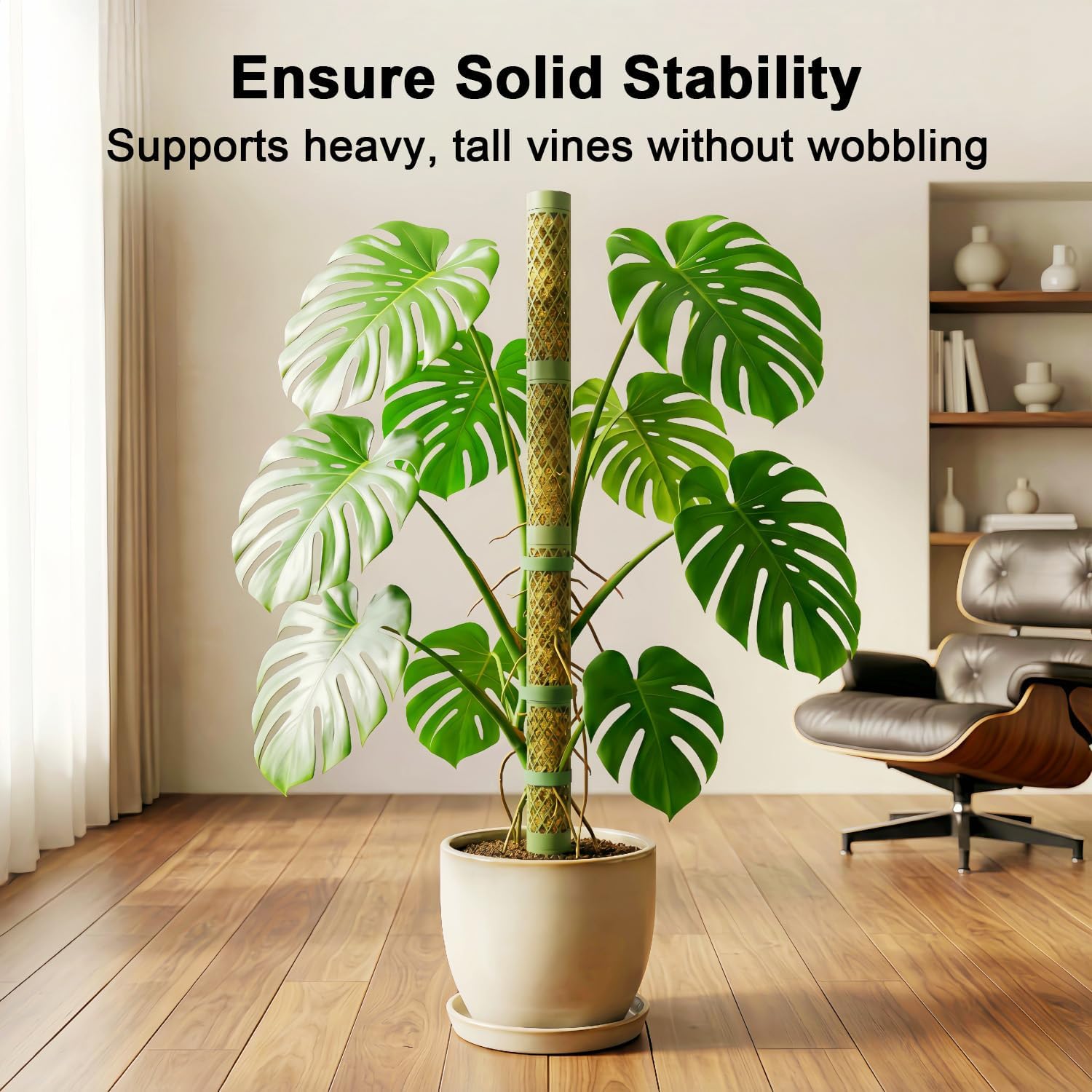 Moss Pole Monstera Plant Support: 40" Stackable Kit for Climbing Vines | No-Rot D-shape Plastic Mesh Trellis Stakes