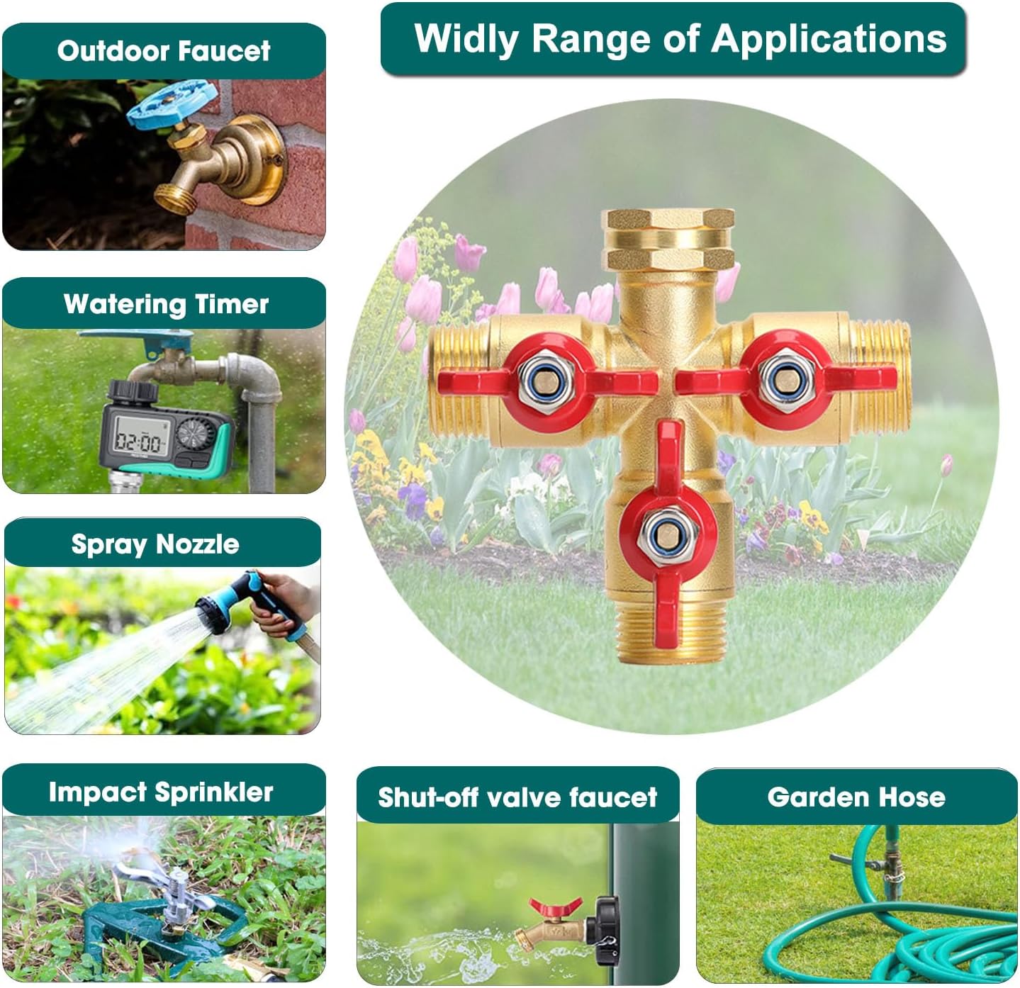 BoArt Brass Garden Hose Splitter 3 Way Heavy Duty, 3-Way Valve Hose Splitter With Large Grip Handle, 3/4" GHT Thread