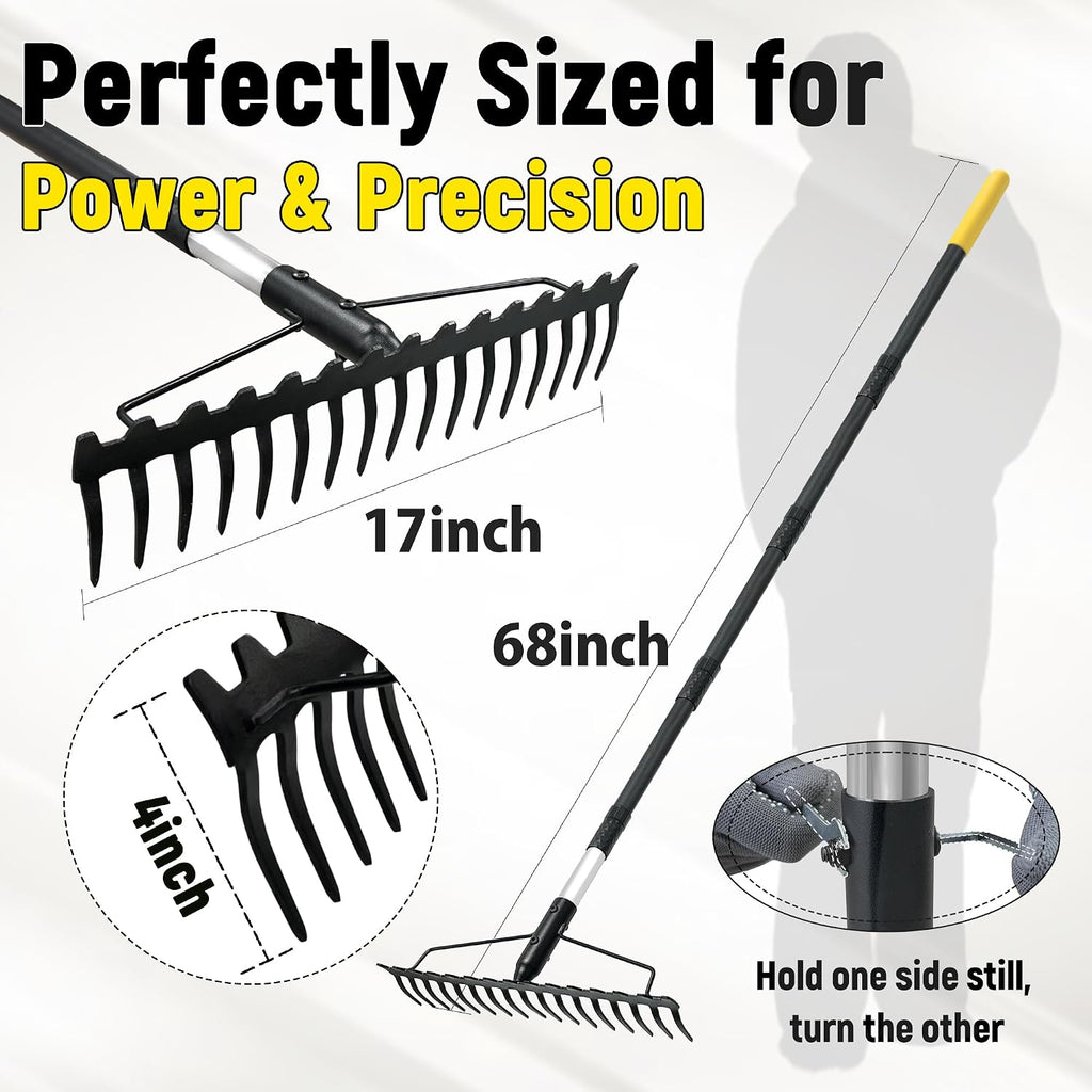 Bow Rake, 68-Inch Adjustable Handle Garden Rake with 17 Steel Tines, Heavy Duty Dual-Sided Metal Rake Landscape