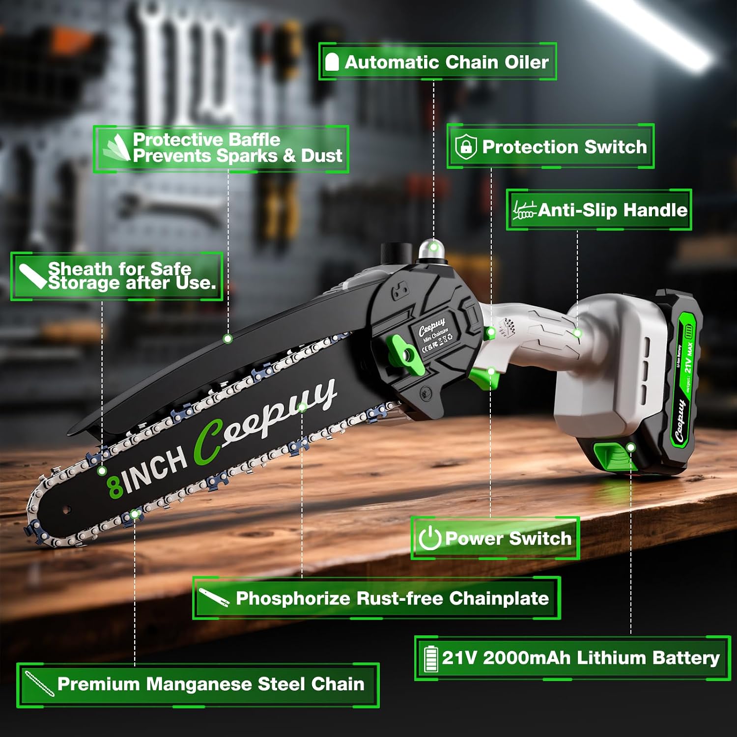 CEEPUY Mini Chainsaw Cordless, 8/6 Inch Portable Electric Chainsaw with Automatic Oiler/Security Lock/Battery Powered