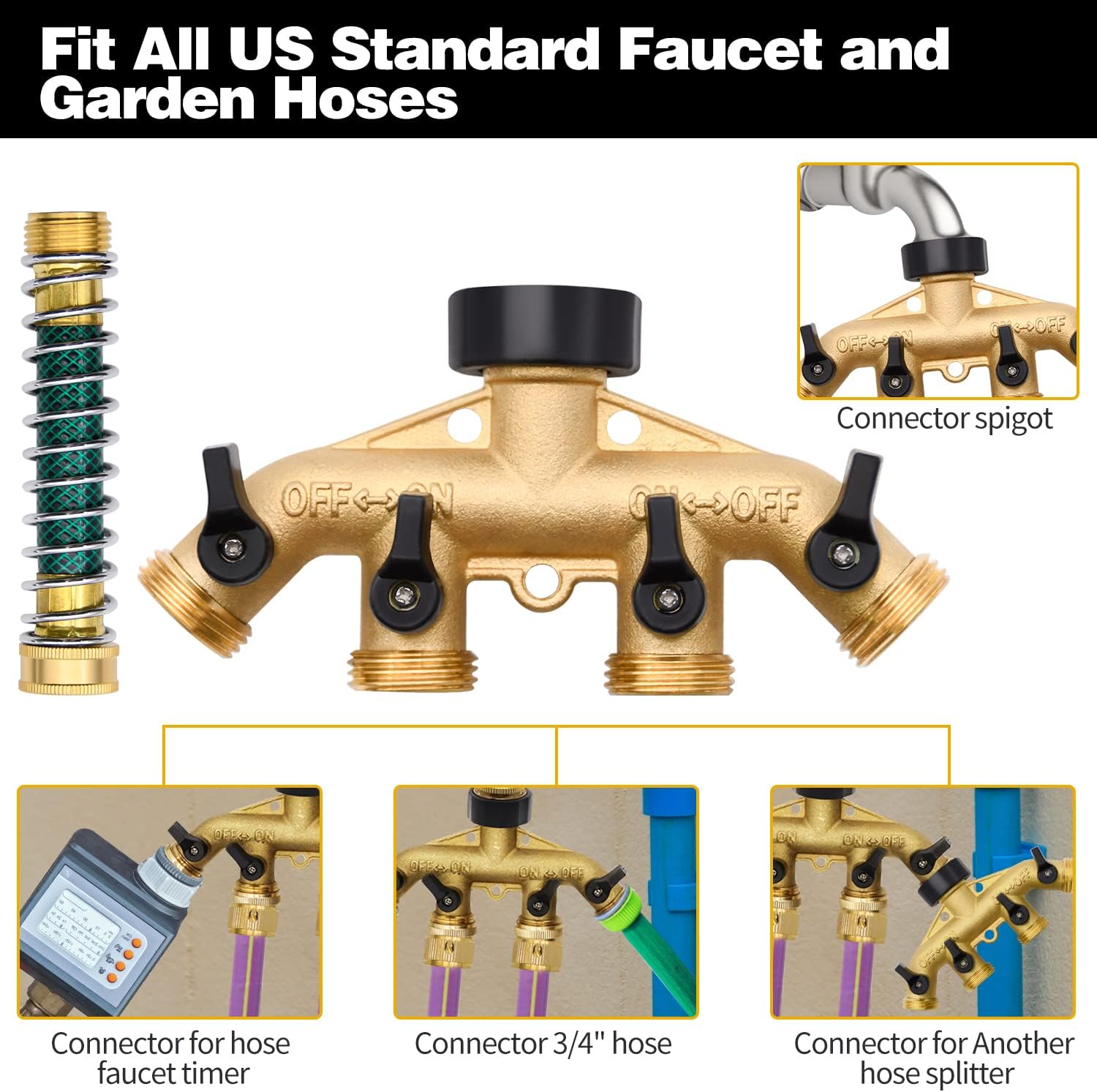 4 Way Hose Splitter with 4pcs Garden Hose Extension Adapter | for Garden