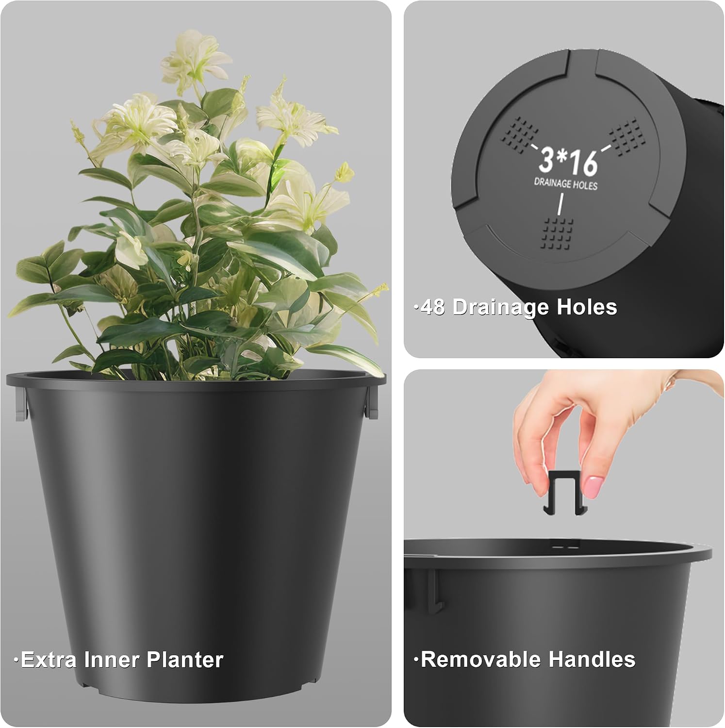 Kante Set of 2 Black Plastic Round Planters 13" Tall Home & Outdoor | Tapered, Nursery Pot & Outer Cachepot, Indoor