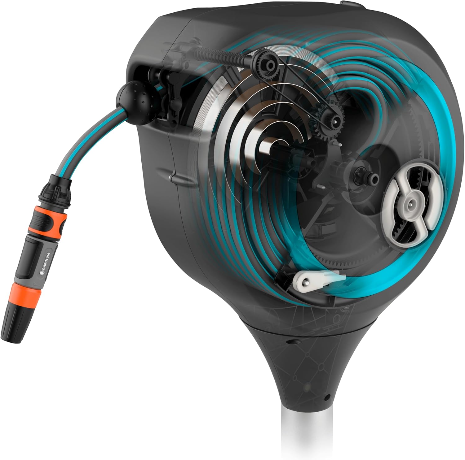 GARDENA Automatic Retractable Garden Hose Reel - 50 Feet - 360 Degree Swivel Outdoor Hose Reel with Metal Spike Base