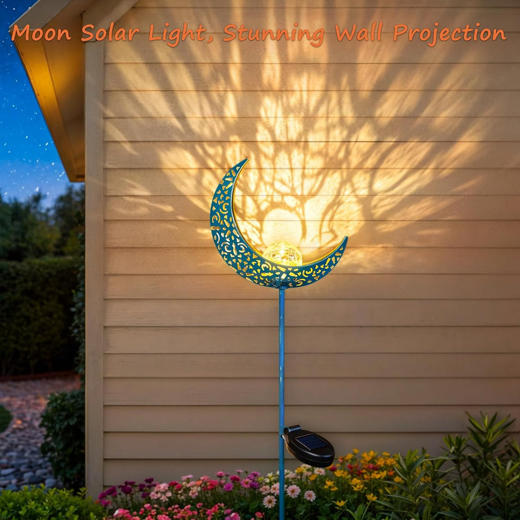 Moon Solar Garden Lights Outdoor Stakes, Waterproof Crackle Glass Metal Yard Lights for Lawn, Patio Accessories