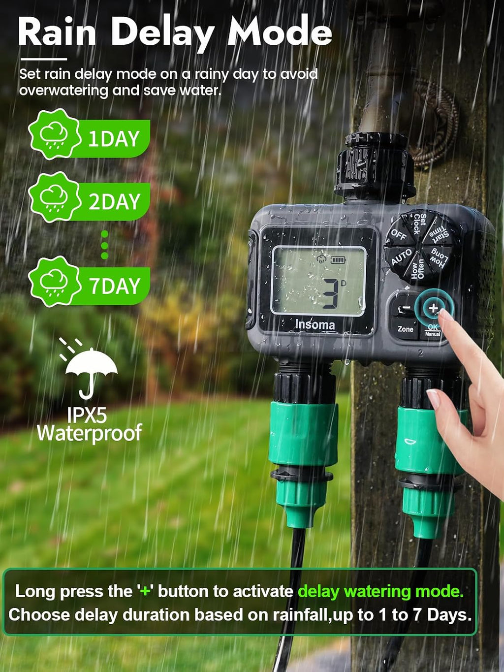 Insoma 2-Zone Sprinkler Timer, Programmable Garden Hose Timer with Auto/Manual/Rain Delay Modes | Water-Saving