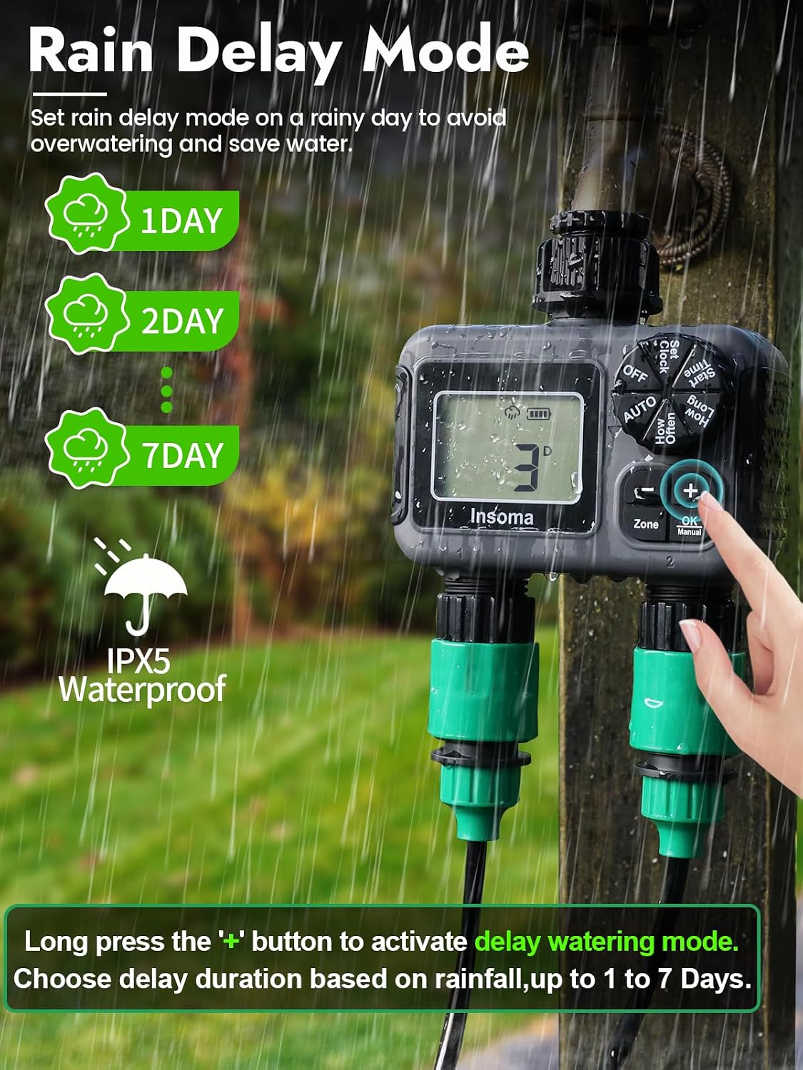 Insoma 2-Zone Sprinkler Timer, Programmable Garden Hose Timer with Auto/Manual/Rain Delay Modes | Water-Saving