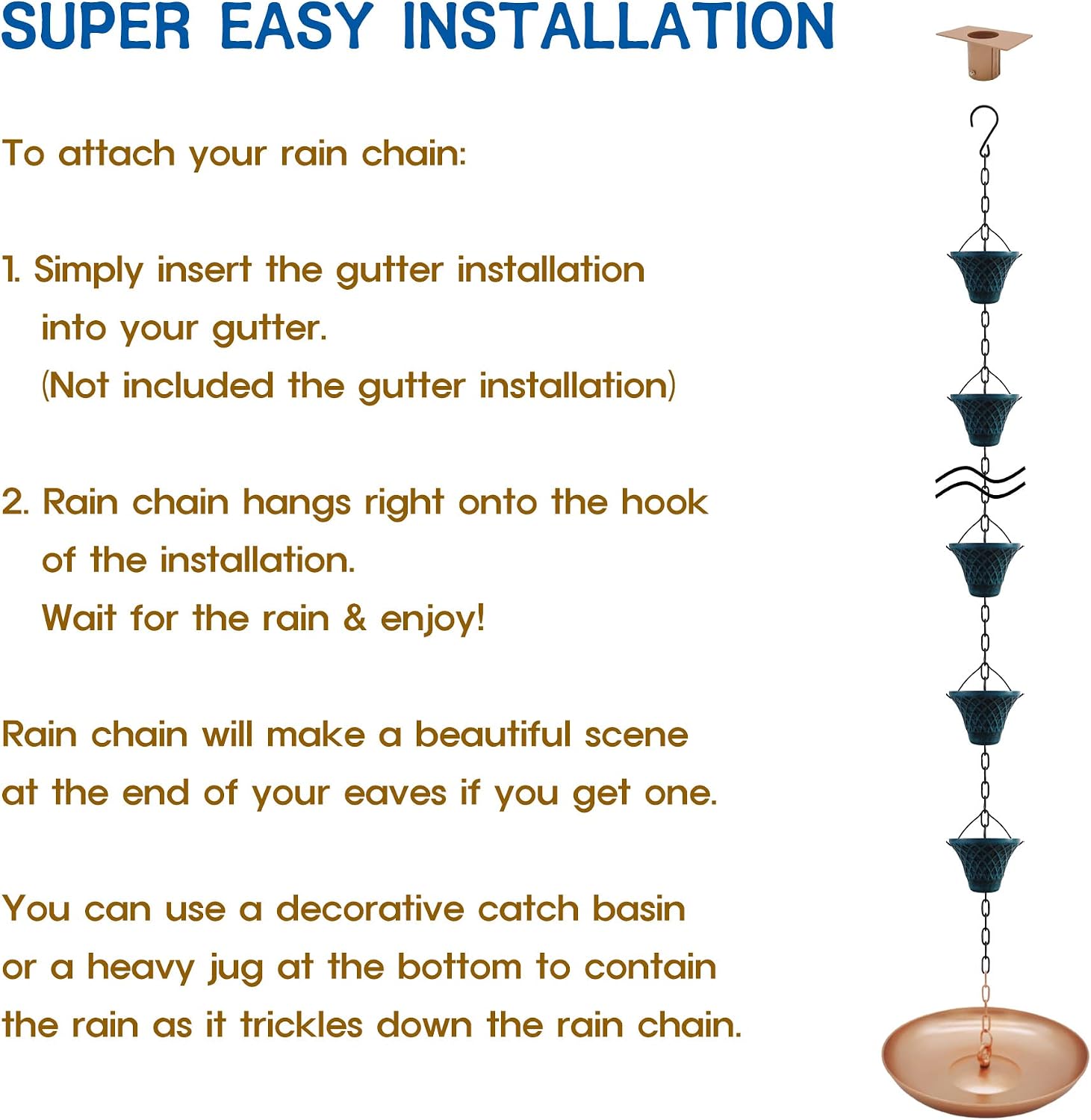 8.5FT Bell Iron Rain Chain for Gutters and Rain Barrel, New Blue | Rain Chains for Downspout, Rust-Prevent Plated