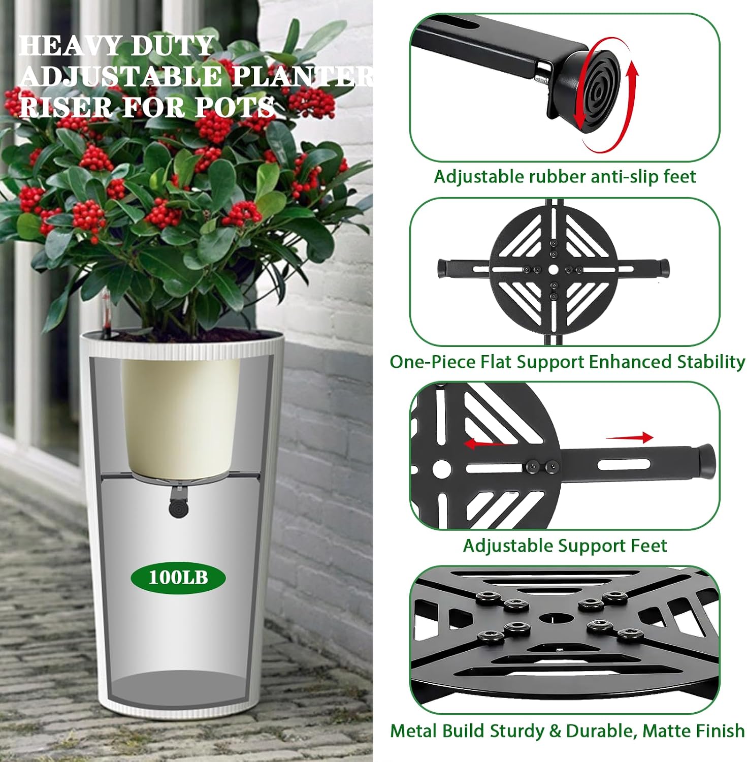 Adjustable Plant Risers for Inside Pots-100lb Heavy Duty Metal Plant Riser with Rubber Feet, Easy Assembly, Fits