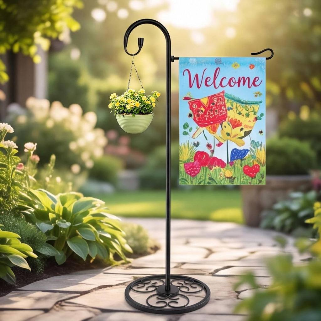 53" Heavy Duty Garden Flag Stand & Shepherds Hook, Scrollwork Anti-Tip Base | All-Weather Rustproof Coating Tool-Free