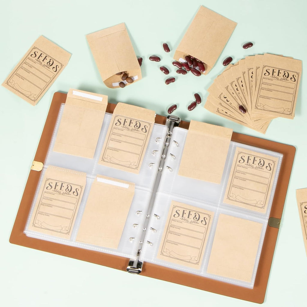Garden Seed Storage Organizer Binder - 150 Resealable Seed Envelopes Brown Shell with 40 Sheet Protectors for Efficient