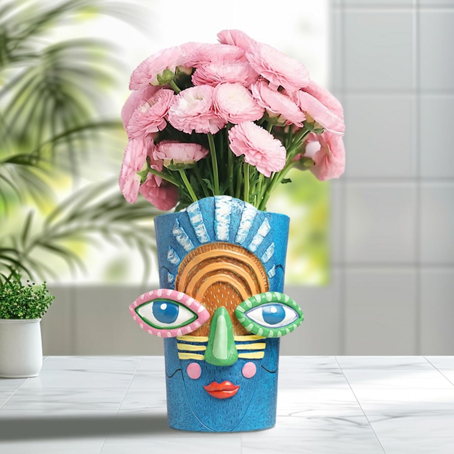 Picasso Blue Face Planter Pots/Vase, Colorful Abstract Head Planter Handmade Resin Flower Pot with Drainage Unique Home