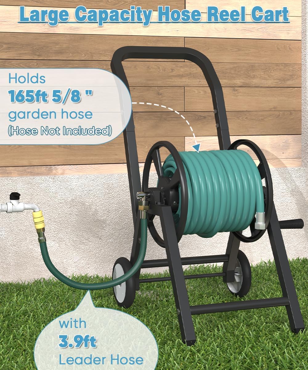 Garden Hose Reel Cart with Wheels, Holds 165 ft of 5/8’’ Hose Outdoor Heavy Duty Powder-coated Steel Water Storage