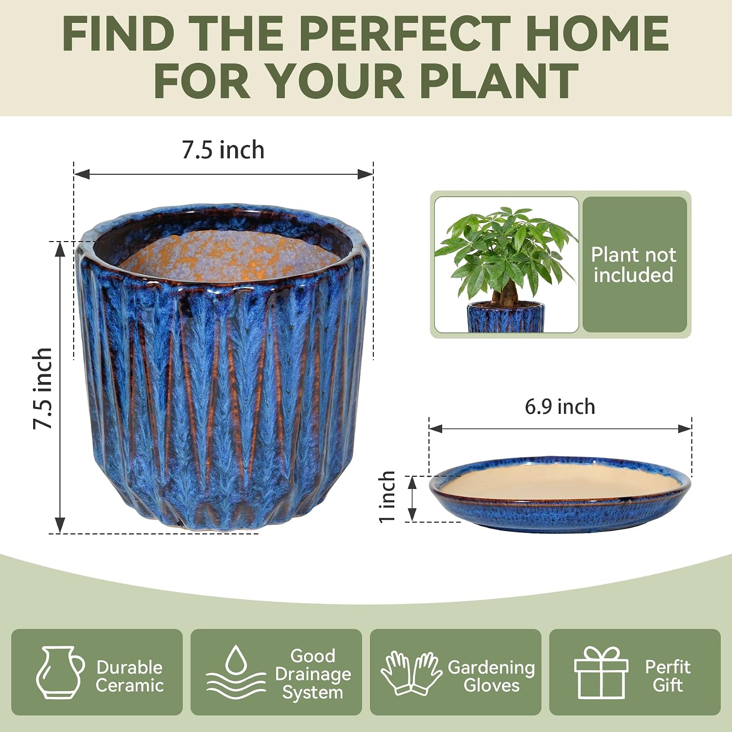 7.5 Inch Ceramic Planter Pot with Saucer Drainage Leak-Proof Mesh,Flower Pots for Indoor Plants with Gardening