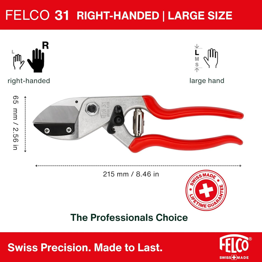 Felco F31 Pruning Shears – 8.3" Garden Clippers with Anvil Blade for Dry & Hard Wood | Hand Pruner for Gardening