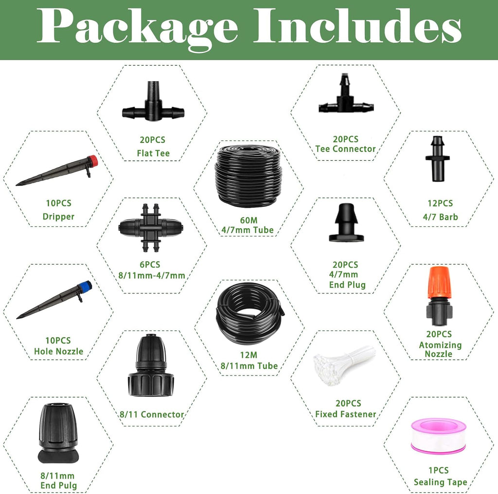 200FT+40FT Drip Irrigation System, Garden Watering System | Drip Irrigation Kit with 8/11mm Main Tubing 4/7mm