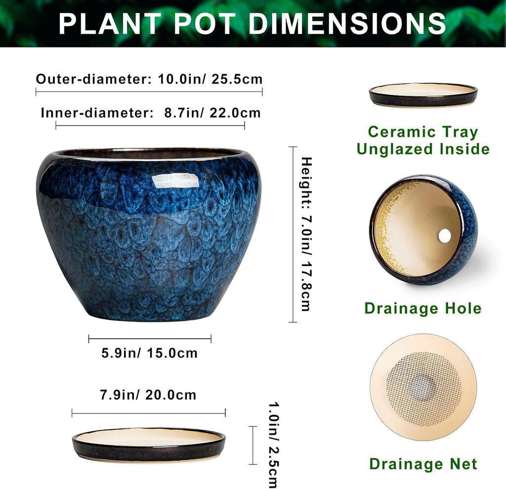 10 Inch Plant Pot, Ceramic Planter with Drainage and Saucer, Blue | Round Planters for Indoor Plants, Modern Planter