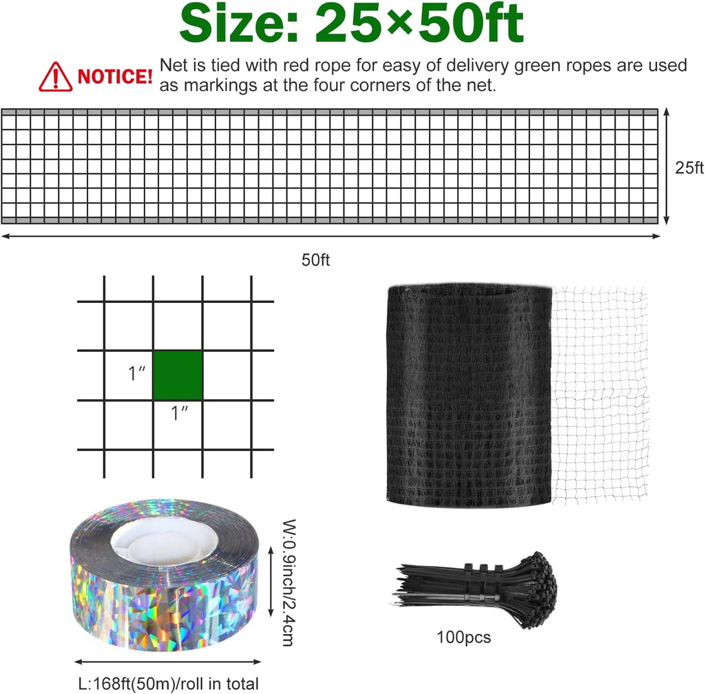 Bird Netting for Chicken Coop 25 X 50 Ft 1" Square Mesh Heavy Duty Chicken Run Netting Roof Cover Against Hawks