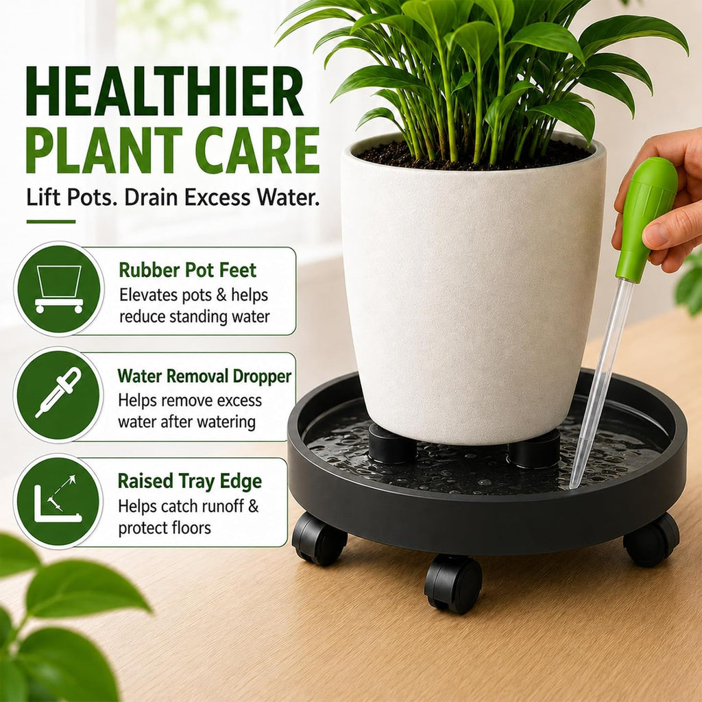 2 Pack 14" Plant Caddy with Wheels, Heavy Duty Rolling Plant Stand Dolly | Pot Feet & Water Removal Dropper, Black