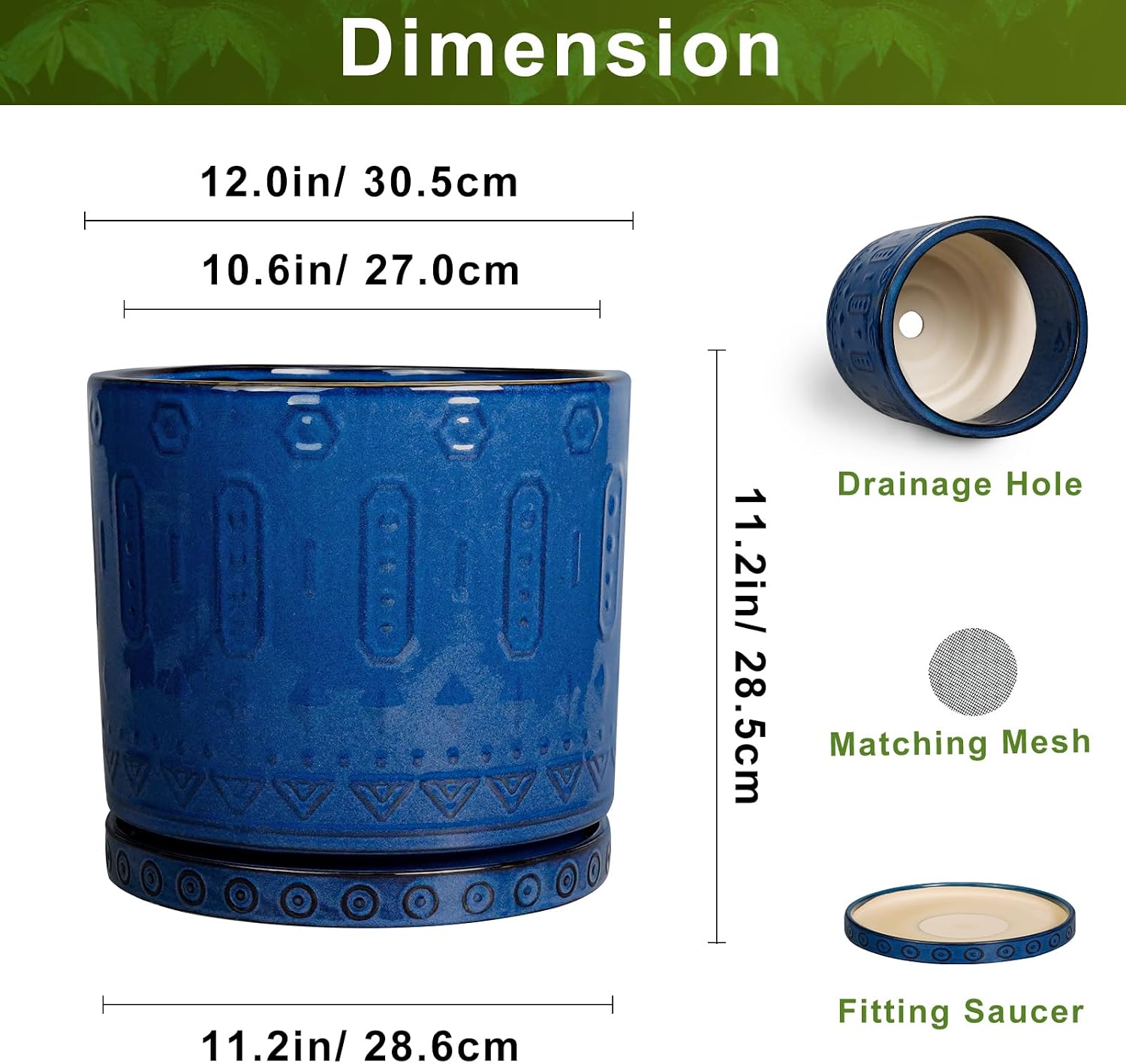 Eightpot 12 Inch Pot for Plants - Ceramic Planter for Indoor Plants Large Plant Pot with Drainage Holes and Saucer