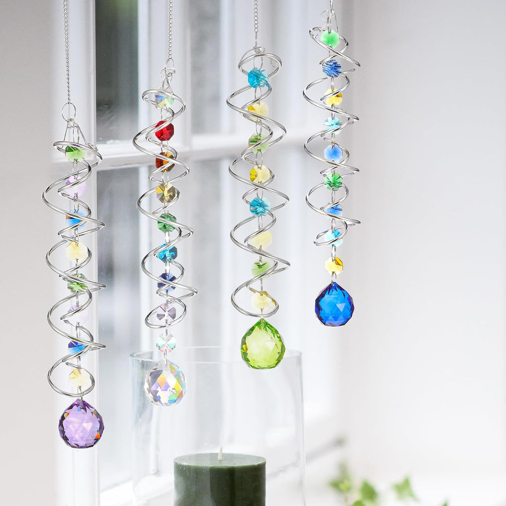Set of 4 Crystal Sun Catcher for Window Hanging Double-Spiral Gazing Ball Spiral Tail Rainbow Maker Wind Spinners