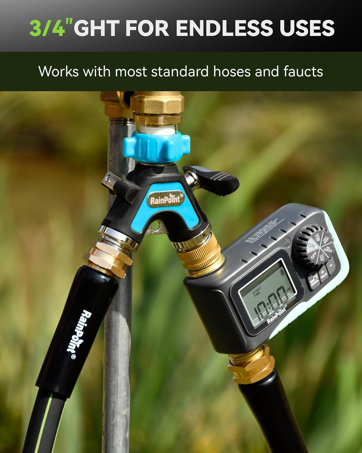RAINPOINT Garden Hose Splitter 2 Way, All Metal Heavy Duty Water Hose Y Splitter With 2.05" Extra Long Side Handle &