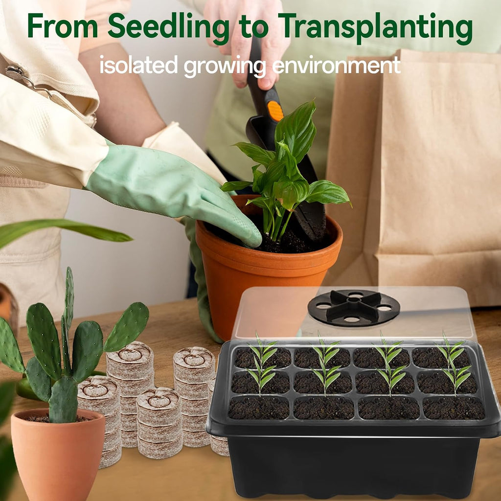 Seed Starter Tray with Peat Pellets, Black Starting Seeds Kit for Plants | 8 Trays (96 Cells) + 100 Organic Peat