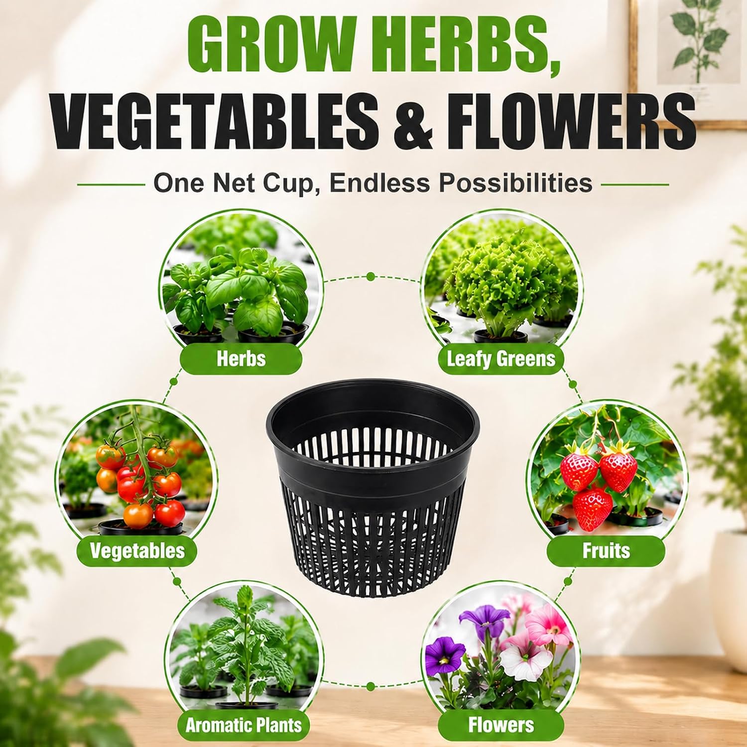 Net Cups Hydroponics 12 Pack, 6 Inch Mesh Pots with Wick Cord | Includes 12 Plant Labels and 30 Ft Wick Cord for
