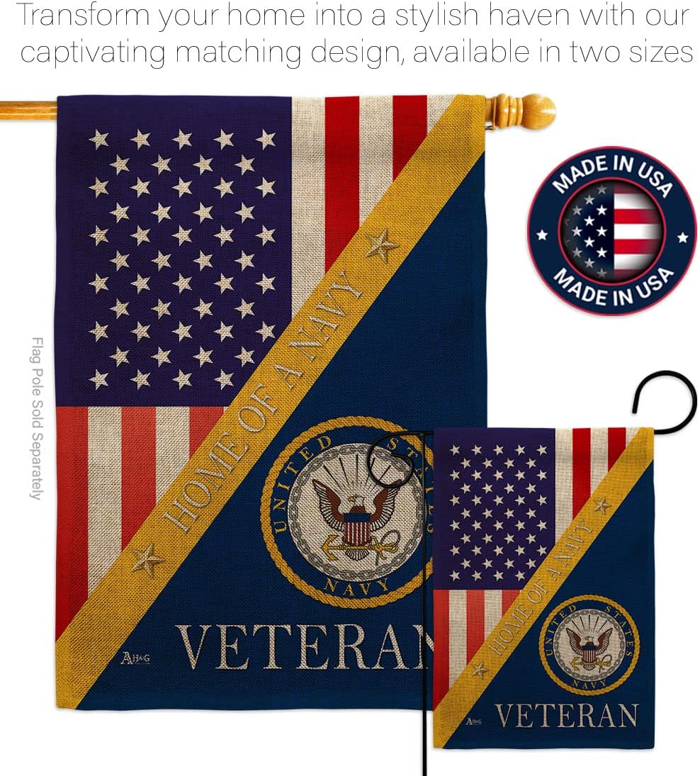 Home of Navy Burlap Garden Flag - Set with Stand Armed Forces USN Seabee United State American Military Veteran Retire