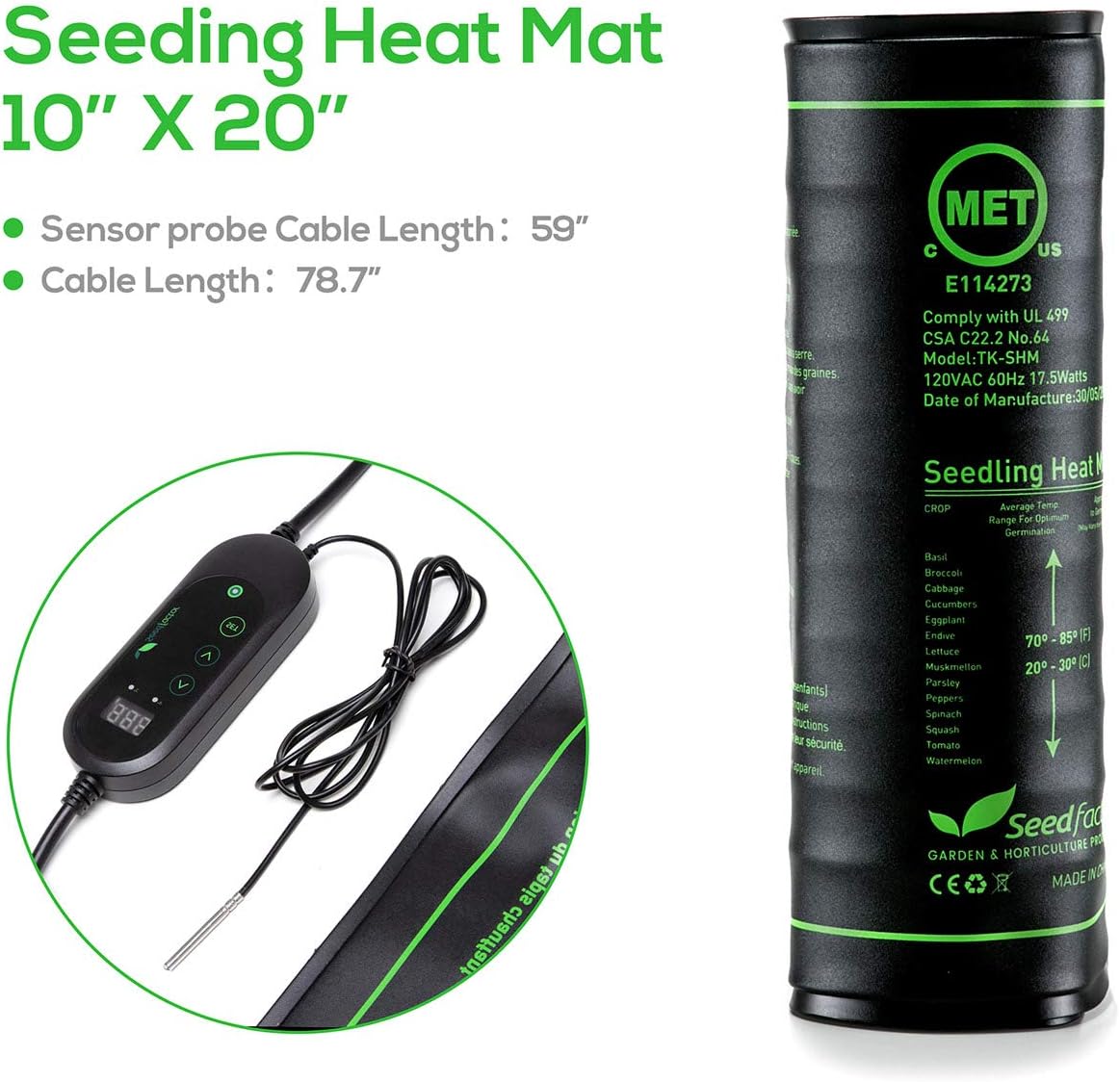 MET Certified Seedling Heat Mat with 50℉~108℉ Digital Thermostat Controller for Seed Germination (20" x 20")