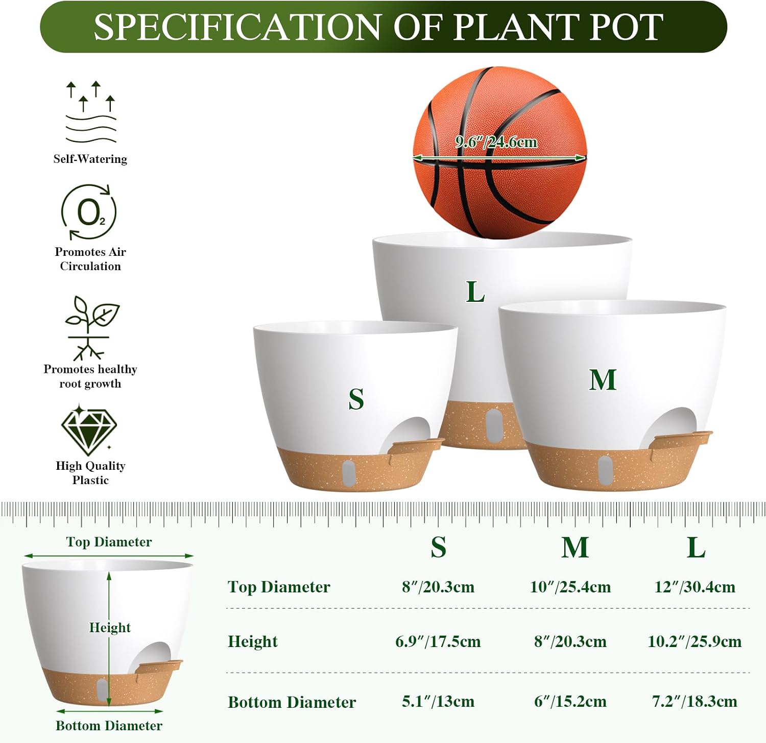 Self Watering Pots with Drainage Holes, 3 Pack 12/10/8 Inch Plant Pots with Water Level Indicator Deep Reservoir, Large