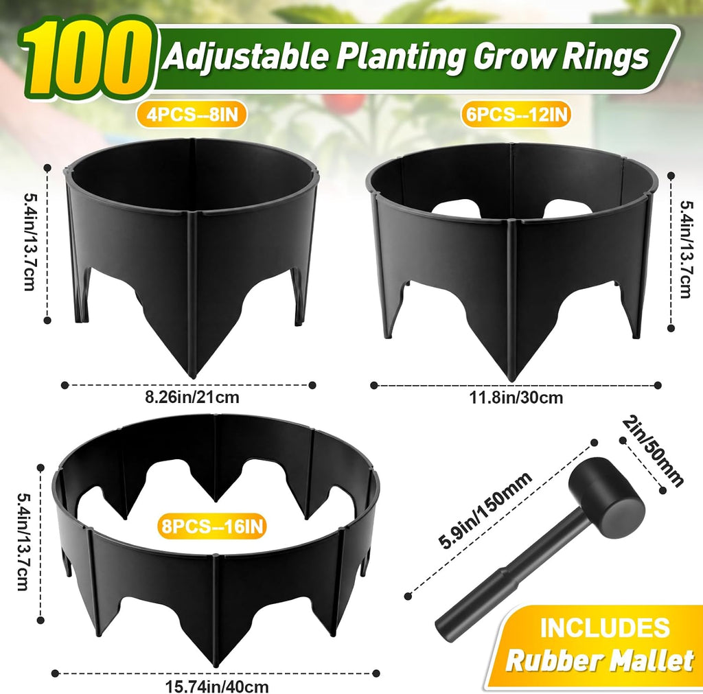 100 Pcs Planting Grow Rings, Diameter Range 8.2-15.7 Inches, Adjustable Interlocking Plant Support Rings with Mallet