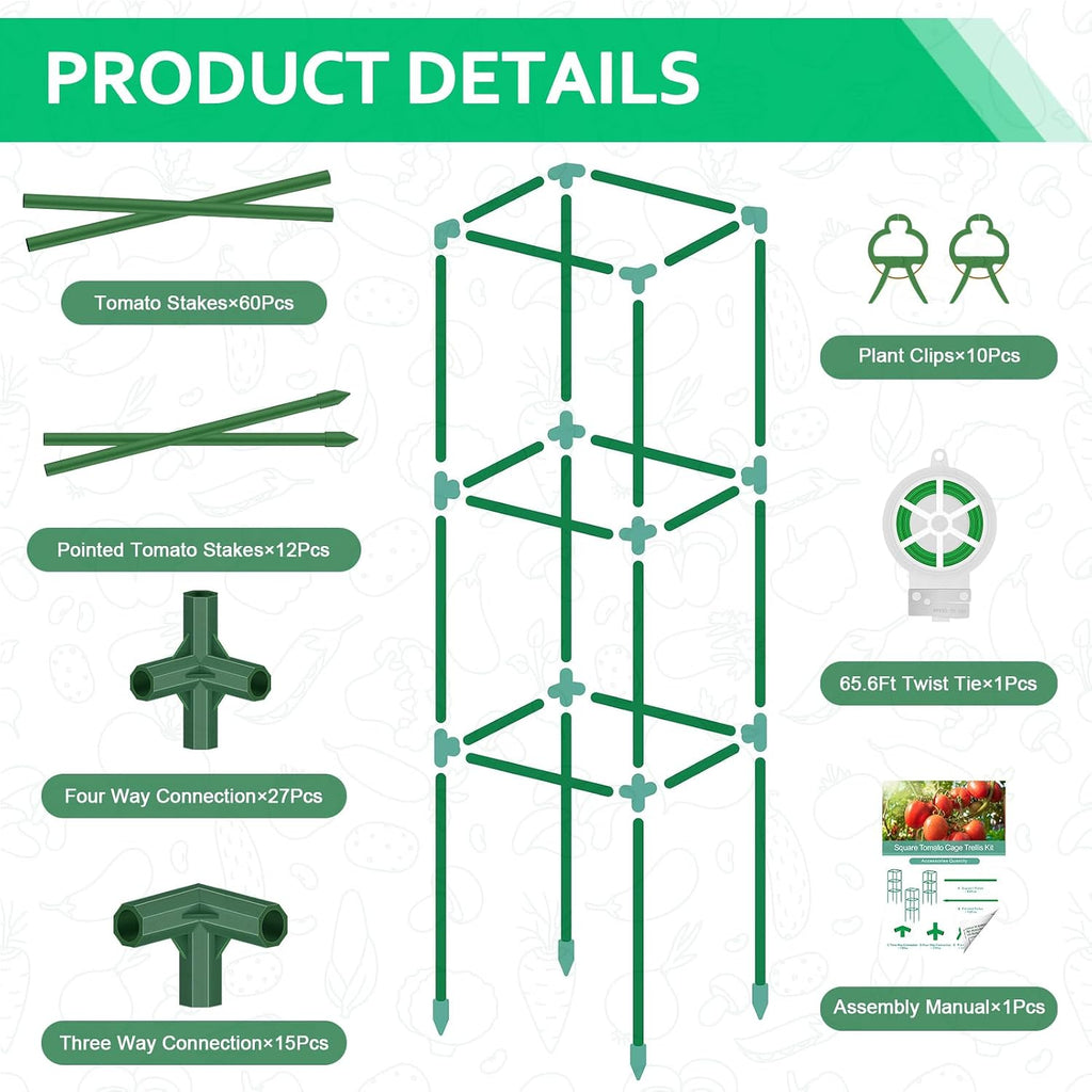 WLLEYAY 3 Pack Square Tomato Cages, 50in Plant Stakes Support Cages Trellis | Heavy Duty Steel Plant Tower Stakes