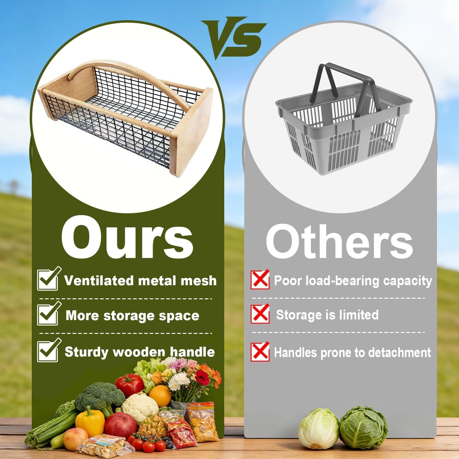 Garden Hod Harvest Basket with Wooden Handle, Portable Vegetable Fruit Picking Basket for Garden, Patio, Farm