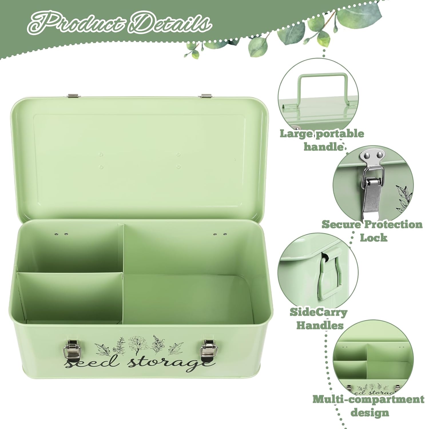 TINSKY Seed Storage Organizer Metal Seed Box with Lid and Locks Seed Saving Bank with 60 Seed Bottles, 30 Plant Labels