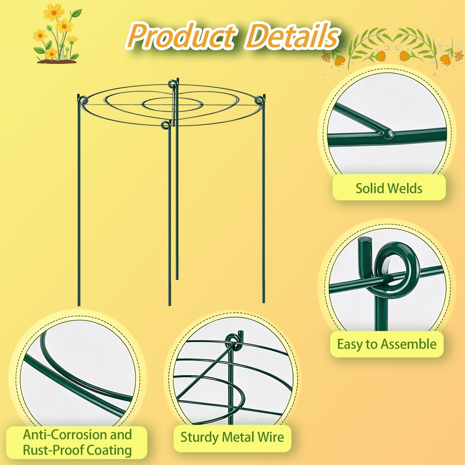 (3 Sets) Peony Cages and Supports, 16" Diameter, 4 x 24 Inches Legs, Heavy Duty Rust-Proof Grow Through Plant Support