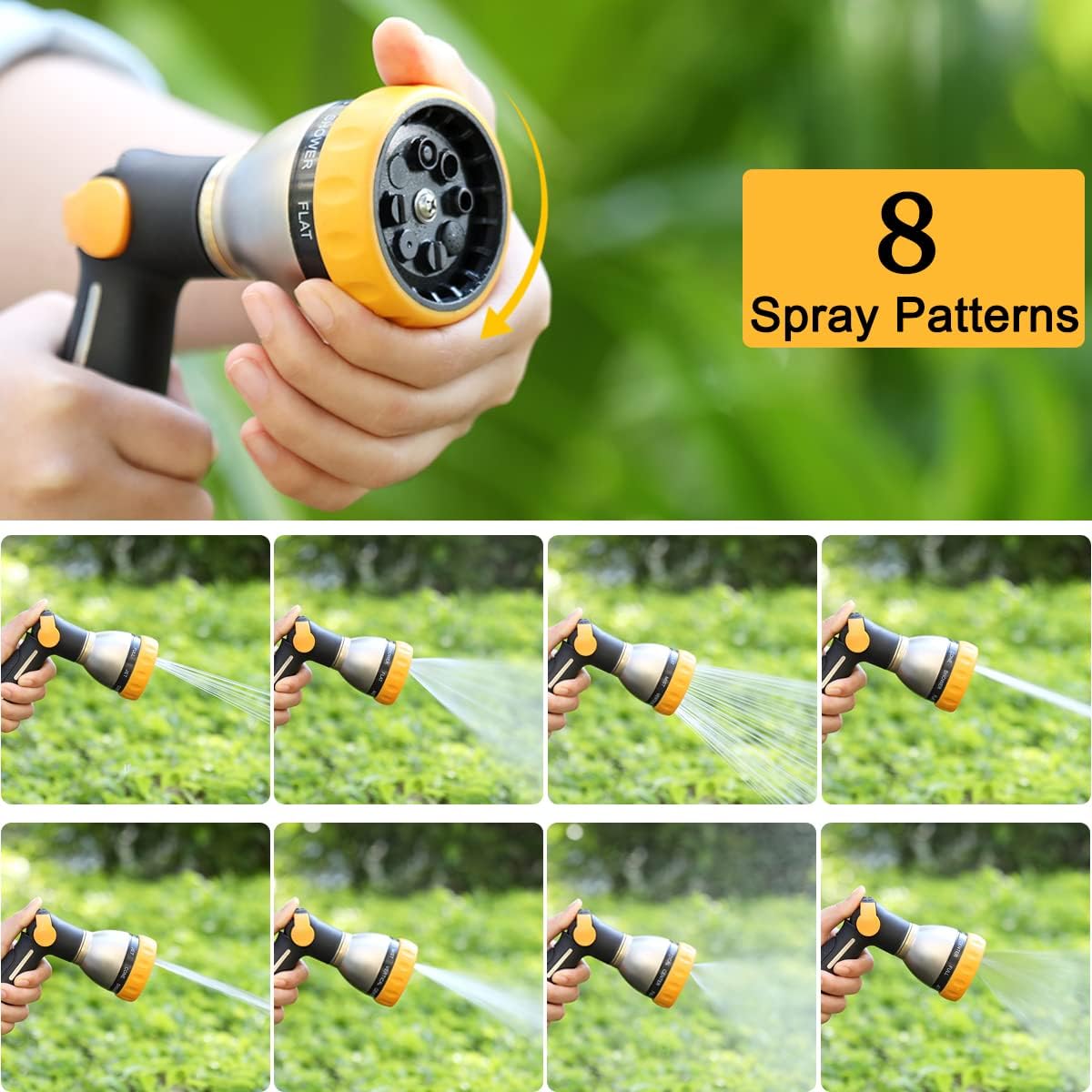 FANHAO Thumb Control Garden Hose Nozzle Heavy Duty Metal, 8 Spray Patterns | Rustproof Leakproof, Non-Slip Ergonomic