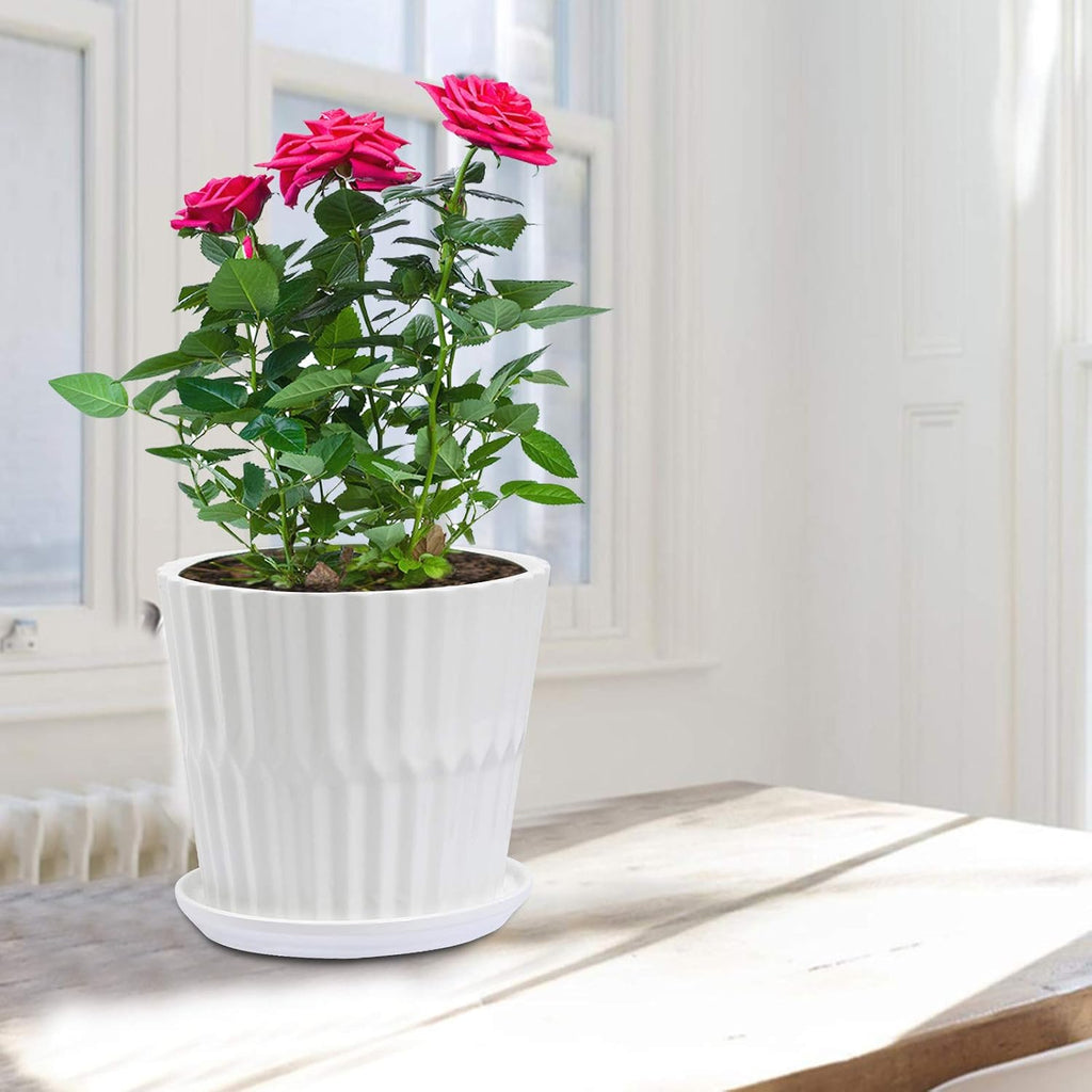 sietpoek 6.7” Ceramic Plant Pots with Drainage and Saucer 2PCs White | White Ceramic Flower Pots with Drainage Hole and