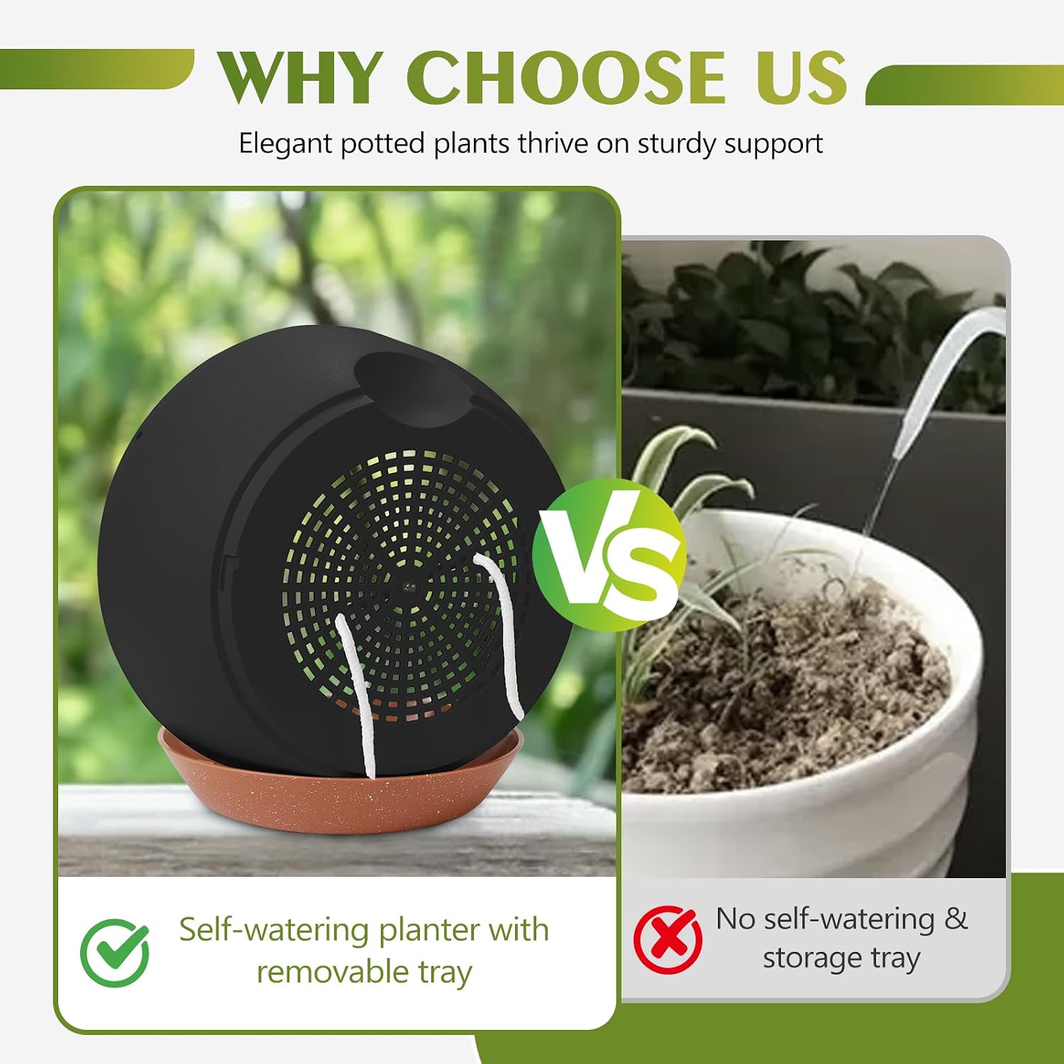 Hanging Planters, Self Watering, Black 12 Inch 2 Pack with Drainage | Indoor Outdoor Use, Removable Drainage Tray