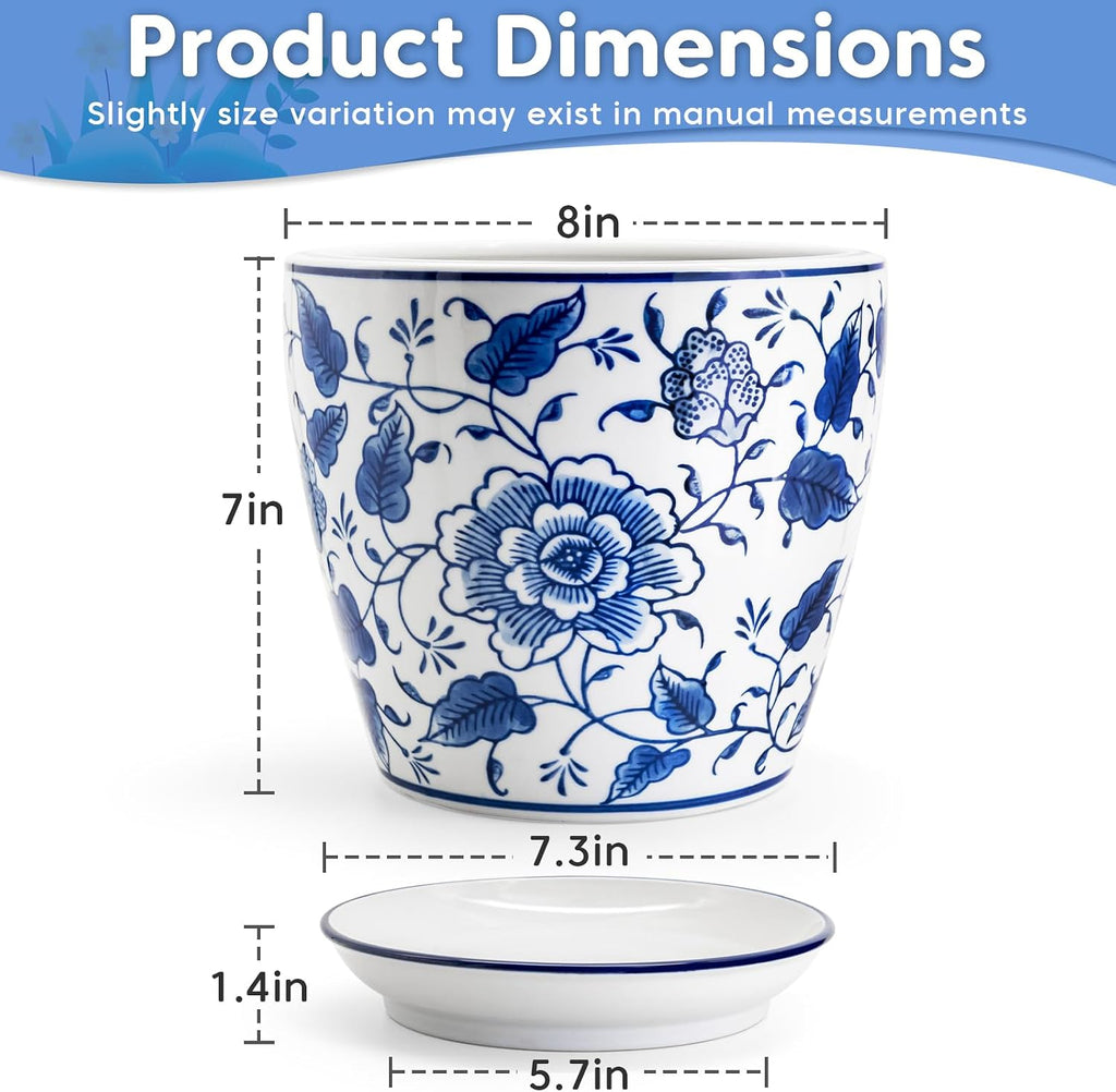 HakkaGirl 8 inch Ceramic Planters for Indoor Plants, Chinoiserie Decor Ceramic Pots for Plants Flower Plant Pots Indoor