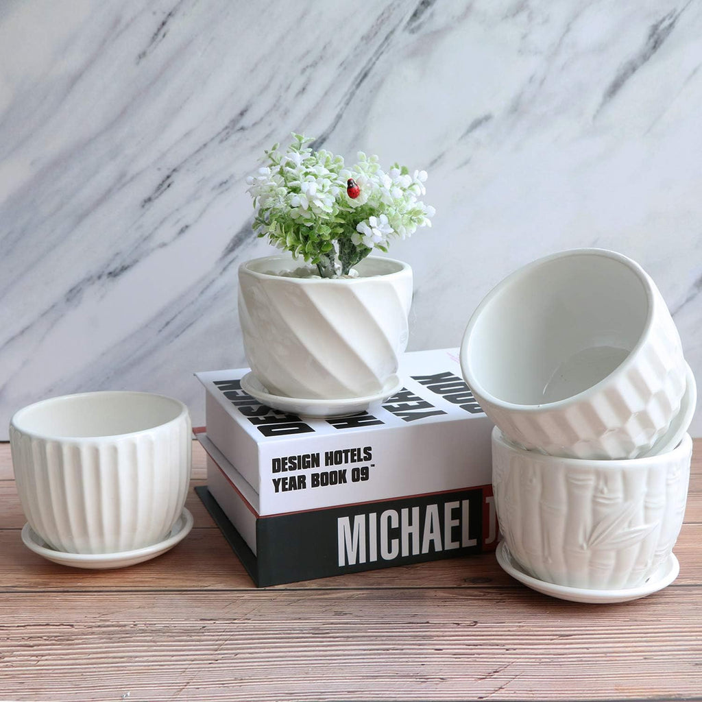 Flower Pots, 4 Inch Cylinder Ceramic Plant Pots with Connected Saucer, Mini Ceramic Planters for Succulent and Little