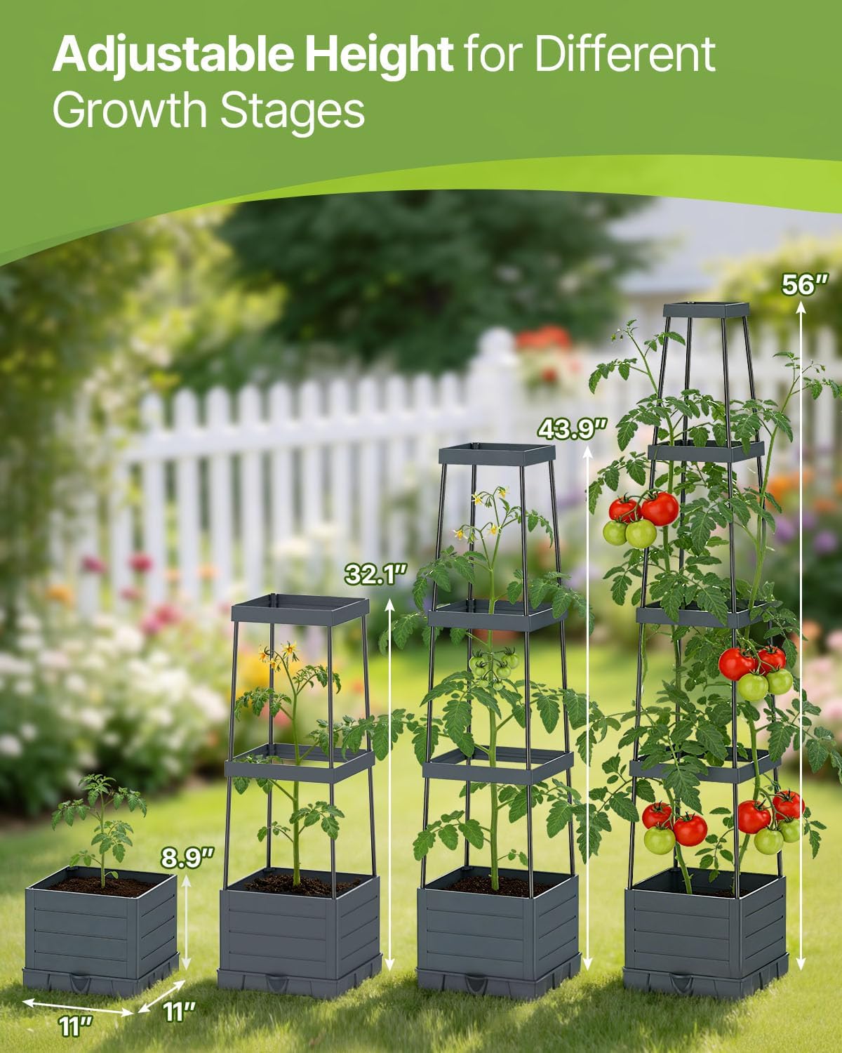 Suteck Raised Garden Bed with Trellis, 2PK Self-Watering Tomato Planter Box | Adjustable Height Steel Support Frame for