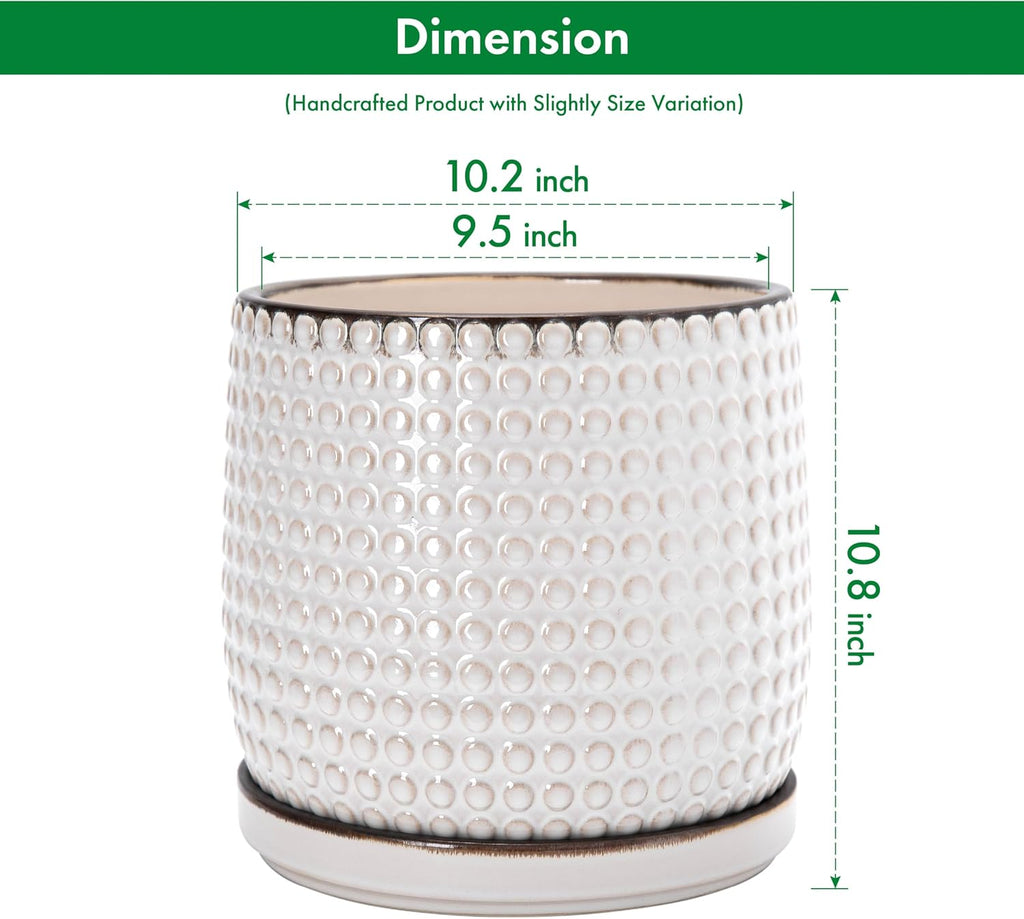 D'vine Dev Beaded Ceramic Pot with Saucer, 10 in, Smoked White, 27-C-P-1 | Embossed Dot Texture, Smooth Glazed Finish