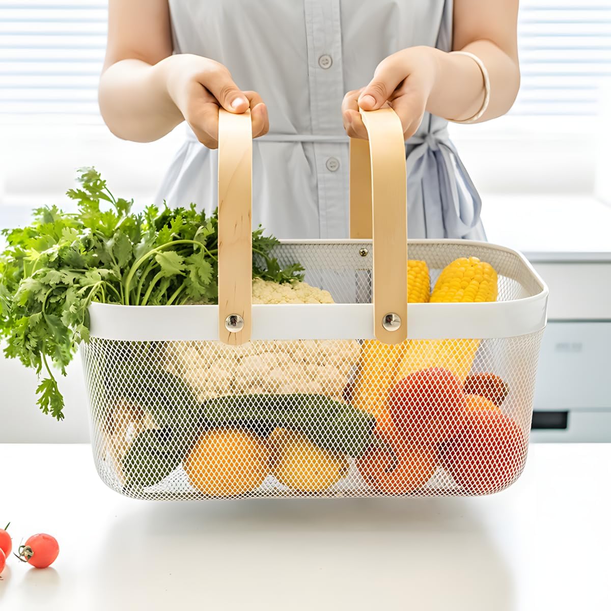 Portable Mesh Harvest Basket - Natural Bamboo Handle Foldable Organizer for Kitchen, Garden & Picnic | Ventilated